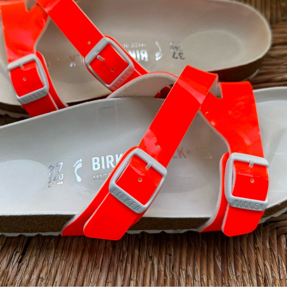 Birkenstock Yao Balance Shiny Neon Orange Double Strap Sandals - Picture 5 of 8